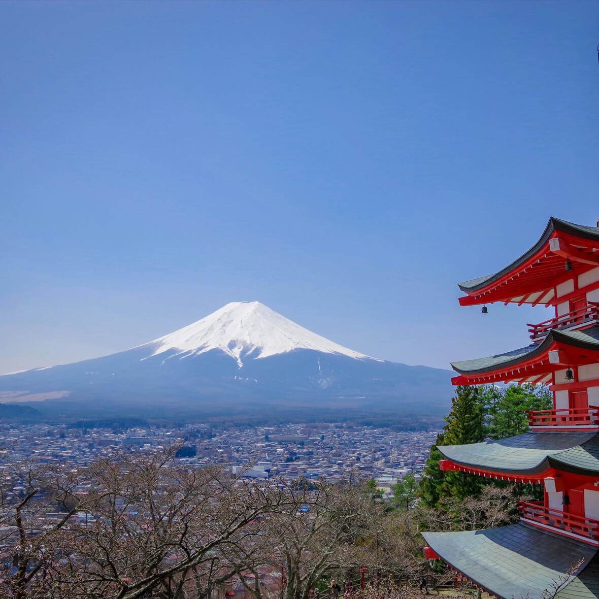 A scenic view of Mount Fuji with its snow-capped peak under a clear blue sky. In the foreground, to the right, stands a traditional Japanese pagoda with red and white colors, surrounded by sparse trees and overlooking a cityscape below.